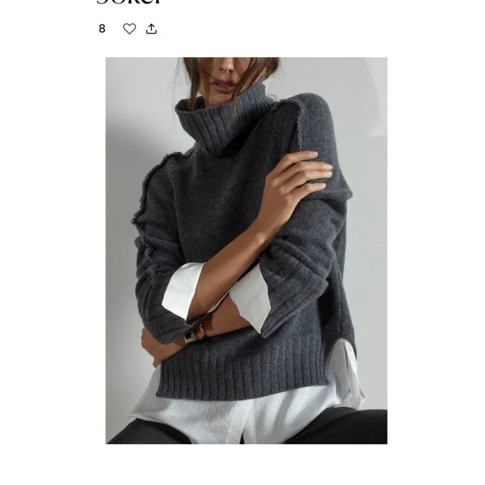 $428 Brochu Walker Jolie Fringe Layered Sweater Gray Wool Cashmere Turtleneck L - Picture 2 of 8